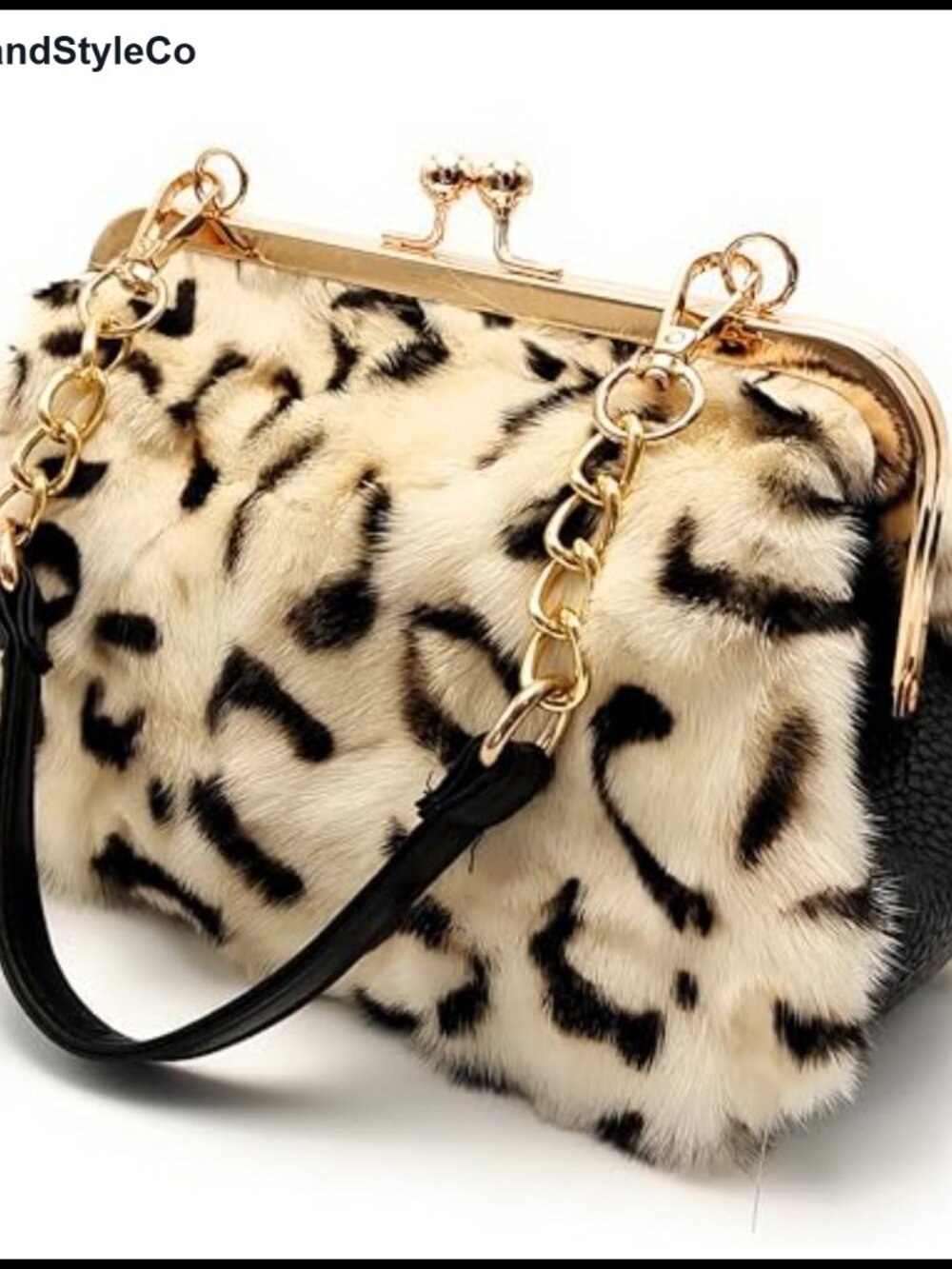 Mink Fur Clutch Evening Handbag Leopard Print Detachable Straps
